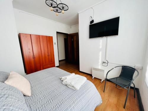 um quarto com uma cama e uma cadeira e uma televisão de ecrã plano em Nómada Hostel Osorno em Osorno