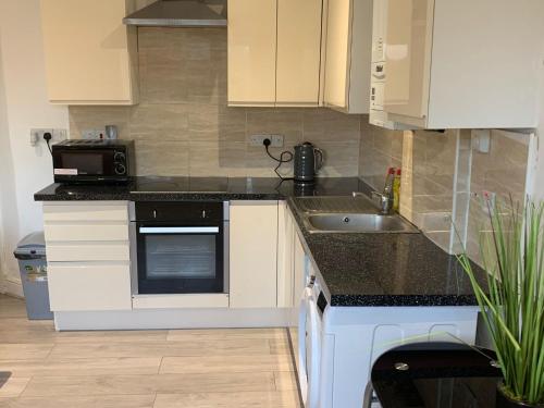 a kitchen with a sink and a microwave at R J Apartment in London