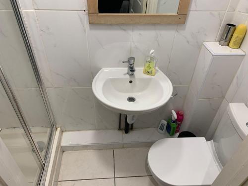 W łazience znajduje się umywalka, toaleta i prysznic. w obiekcie R J Apartment w Londynie