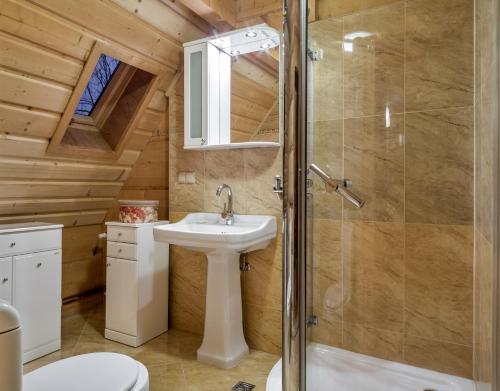 y baño con ducha, aseo y lavamanos. en Rezydencja Gubałówka sauna widok, en Zakopane