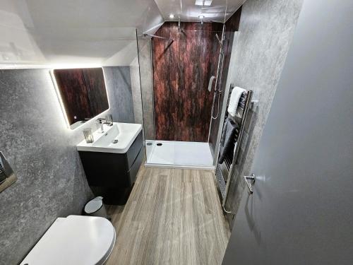 a bathroom with a shower and a toilet and a sink at Melfort Pier & Harbour Resort in Kilmelfort