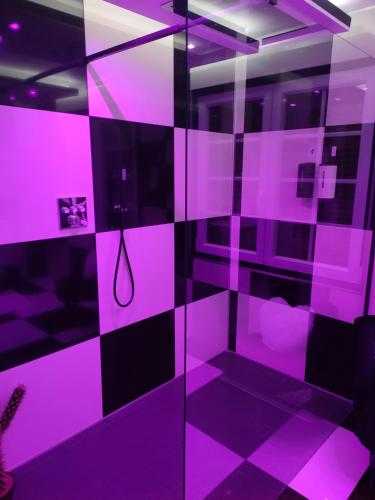 Cette chambre violette dispose d'une douche avec un tuyau. dans l'établissement LE QUART D'HEURE AMERICAIN, à Bailleul