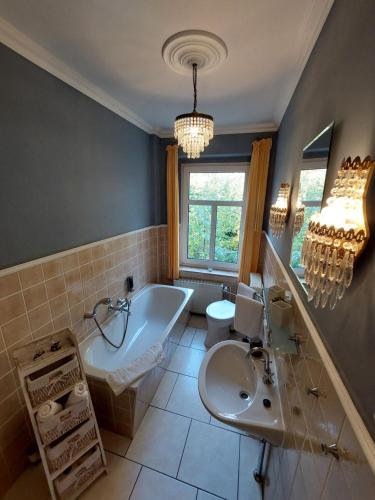 a bathroom with a tub and a sink and a toilet at Plantagengut Hosterwitz in Dresden