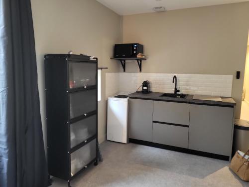 une petite cuisine avec un évier et un réfrigérateur dans l'établissement Ainay/centre Lyon/un cocon !, à Lyon