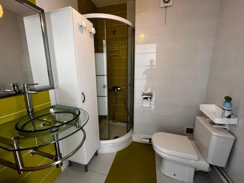 une salle de bain avec une douche en verre et des toilettes dans l'établissement Studio face mer avec balcon, proche commerces et plage - FR-1-197-164, à Les Sables-dʼOlonne