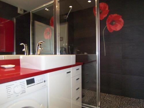 La salle de bains est pourvue d'un lave-linge et d'une douche. dans l'établissement Appartement T3 centre Arcachon avec parking et WIFI - FR-1-374-34, à Arcachon