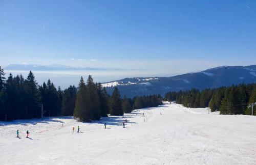 a group of people skiing down a snow covered slope at Hôtel Restaurant & Spa Les Planets in Les Rasses