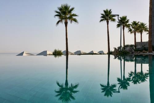 a pool of water with palm trees in the background at Amira Luxury Resort & Spa - Adults Only in Adelianos Kampos