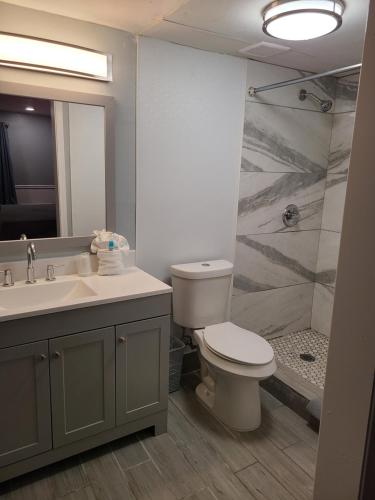 a bathroom with a toilet and a sink and a shower at Blue Sky Inn- Veteran Owned, New Breakfast Area, Rennovated Rooms, 5 plus acres for you and your pet to roam, NEW Fire Pit in Blue Ridge