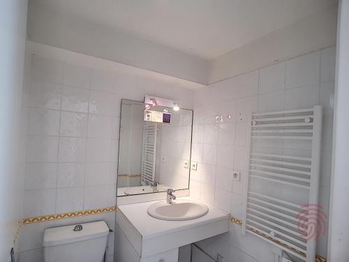 une salle de bain avec un lavabo, des toilettes et un miroir dans l'établissement Appart F2 à Lamalou, terrasse, wifi, animaux acceptés, proche centre & thermes - FR-1-451-24, à Lamalou-les-Bains