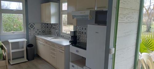 eine kleine Küche mit einer Spüle und einer Mikrowelle in der Unterkunft PRATICCIONI in Linguizzetta