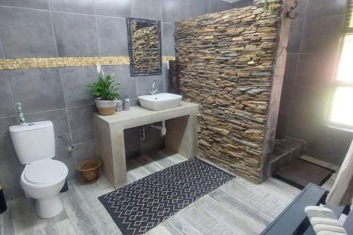 a bathroom with a toilet and a sink and a stone wall at Ilnika Farm Stay in Naboomspruit
