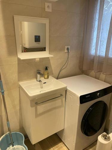 ein kleines Badezimmer mit Waschmaschine und Waschbecken in der Unterkunft Résidence Chene- 15 MN de Paris et 05 MN d'Orly Aéroport in Viry-Châtillon