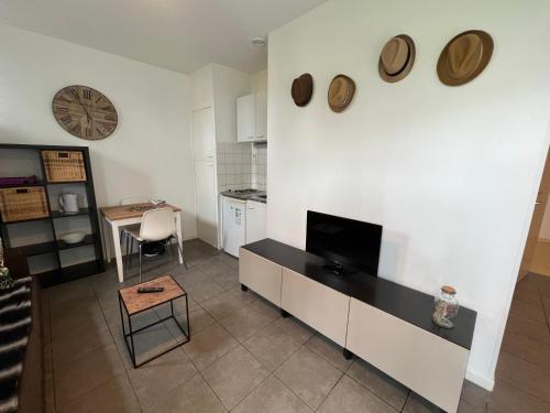 Il comprend une cuisine et un salon avec une télévision murale. dans l'établissement La Paille Metz Luxembourg Parking Un-Séjour-à-Part, à Metz