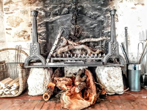 a fireplace with a pile of logs in it at Gîte Kiwi - Domaine du Pi geonnier de Saint-Vincent in Bourran