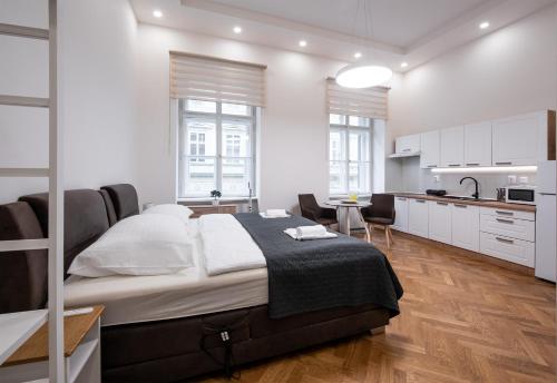 プラハにあるDlážděná Apartmentsのベッドルーム(大型ベッド1台付)、キッチン