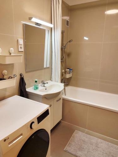 a bathroom with a sink and a bath tub at Castle Corner Apartment in Budapest