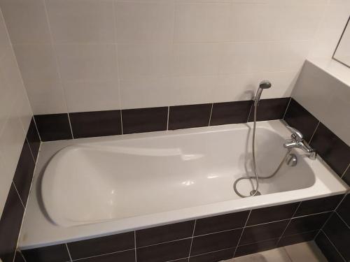 a bath tub with a shower in a bathroom at Beau studio neuf + parking et vélo gratuit in Pérols