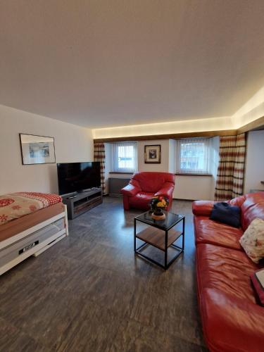 a living room with a couch and a tv at Haus Rizzi in Bivio