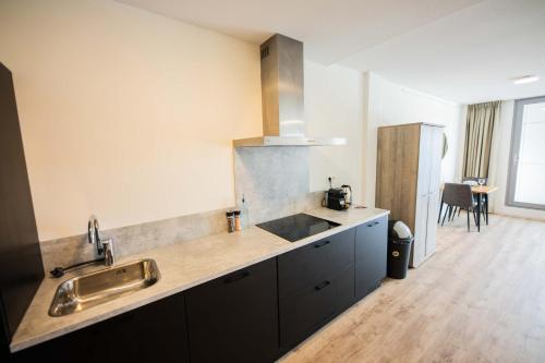 uma cozinha com um lavatório e uma bancada em The Hendrick em Roterdão