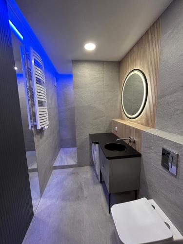 a bathroom with a toilet and a sink and a mirror at Apartament Brzeźno Beach in Gdańsk