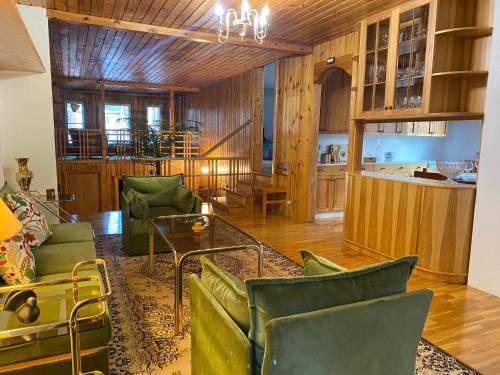 塔林的住宿－Cozy home in Tallinn，客厅配有绿色椅子和桌子