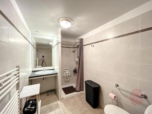 une salle de bain avec un lavabo, des toilettes et une douche dans l'établissement Appartement F2 climatisé à Lamalou-les-Bains, terrasse, proche centre et thermes, animaux acceptés - FR-1-451-167, à Lamalou-les-Bains
