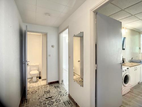 une salle de bain avec toilettes, lavabo et miroir dans l'établissement Charmant F3 avec terrasse, à 2 pas des thermes et du centre, animaux acceptés, wifi inclus - FR-1-451-169, à Lamalou-les-Bains