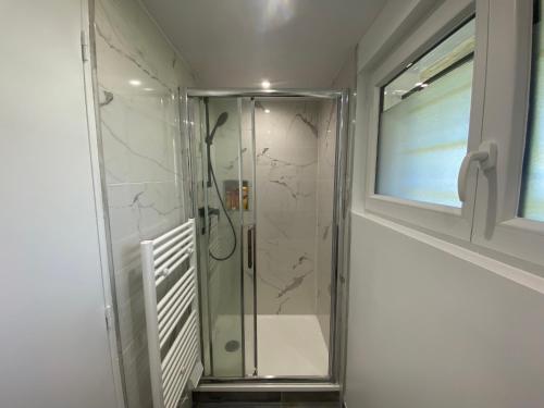 une douche avec une porte vitrée dans une salle de bain dans l'établissement Rez-de-chaussée rénové avec jardin clos, à 1,6 km de la plage, idéal pour 2 adultes et 2 enfants - FR-1-364-142, à Saint-Brévin-les-Pins