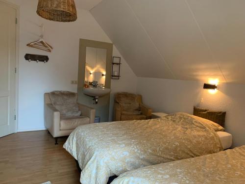 een slaapkamer met 2 bedden, een wastafel en 2 stoelen bij Brinkesdiek in Hardenberg