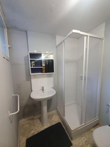 a white bathroom with a shower and a sink at Le logis ROOM in Nantes