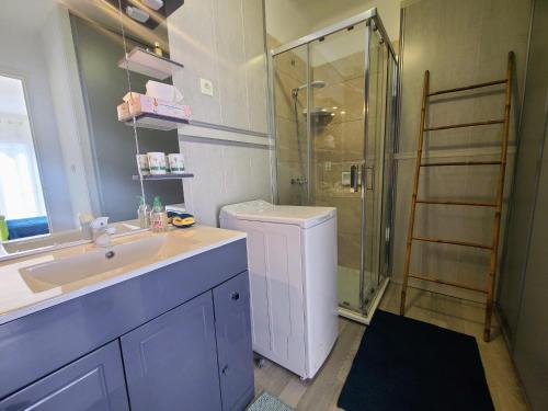 een badkamer met een wastafel en een glazen douche bij Appartement Argelès-sur-Mer, 2 pièces, 4 personnes - FR-1-309-371 in Argelès-sur-Mer