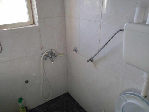 a bathroom with a shower with a hose on the wall at Etno rural house,Bjelopavlići, Novo Selo, Danilovgrad in Danilovgrad