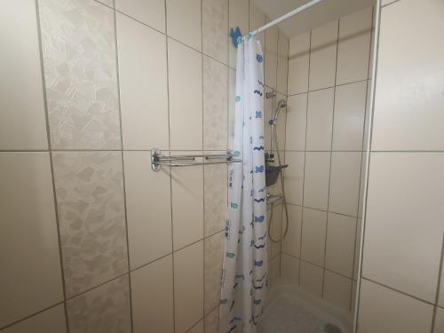 a shower with a shower curtain in a bathroom at Appartement Argelès-sur-Mer, 2 pièces, 4 personnes - FR-1-309-386 in Argelès-sur-Mer