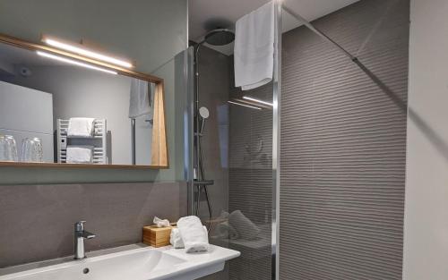 La salle de bains est pourvue d'une douche, d'un lavabo et d'un miroir. dans l'établissement Le Castel Ac'h, à Plouguerneau