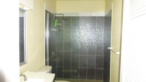 a bathroom with a shower with a toilet and a sink at Margate Gardens Opposite beautiful Beach, Bars, Restaurants, Boardwalk, Mall in Bridgetown
