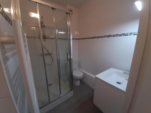 y baño con ducha, aseo y lavamanos. en Appartement Capbreton, 2 pièces, 4 personnes - FR-1-239-987, en Capbreton