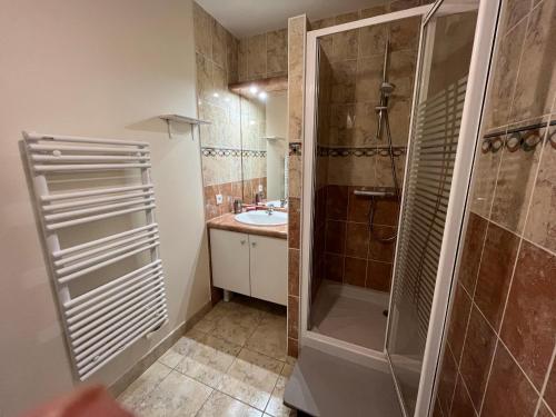 une salle de bain avec douche et lavabo dans l'établissement Appartement 1 Chambre, Garage, Proche Plage et Centre, 2 Étoiles, Sables-d'Olonne - FR-1-197-583, à Les Sables-dʼOlonne