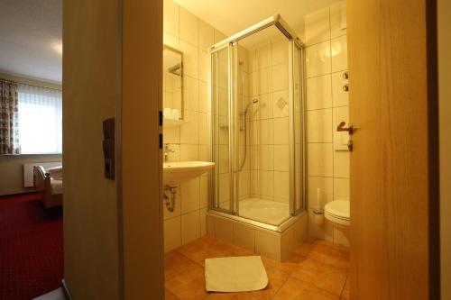 a bathroom with a shower and a toilet and a sink at Hotel-Gasthof Hirschen in Blumberg