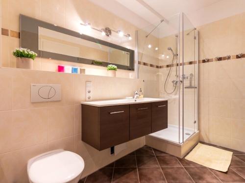 a bathroom with a shower and a toilet and a sink at Ferienwohnung Panoramablick in Altefähr