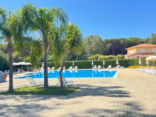 a swimming pool with chairs and palm trees in a resort at Villa Tiziana in Pizzo