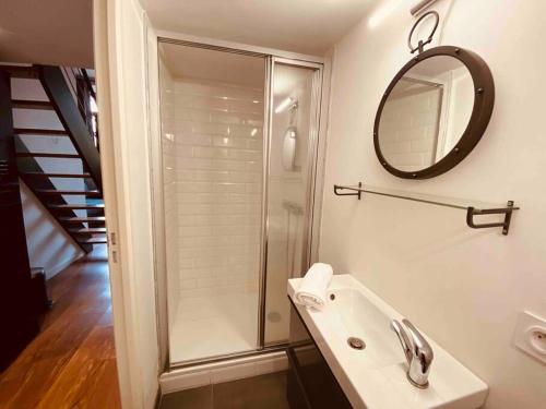 a bathroom with a shower and a sink and a mirror at L'indus Bel appart' Loft TGV-Parking in Saint-Étienne