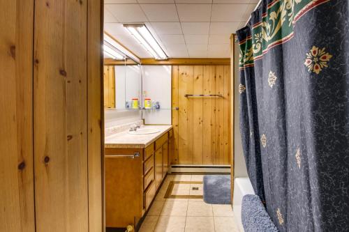 a bathroom with a sink and a shower curtain at Rustic Bemidji Cabin with Boat and Lake Access! in Bemidji