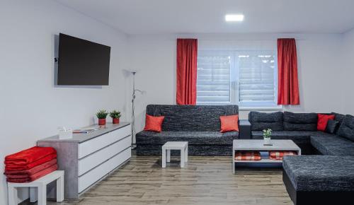 ein Wohnzimmer mit einem Sofa und einem TV in der Unterkunft Domeček Janov in Janov