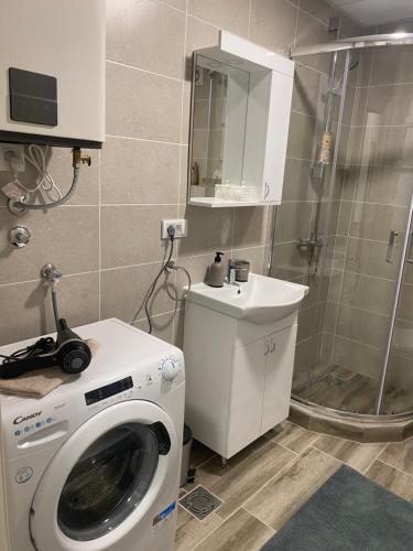 uma casa de banho com uma máquina de lavar roupa e um lavatório em Apartman Enigma em Ruma