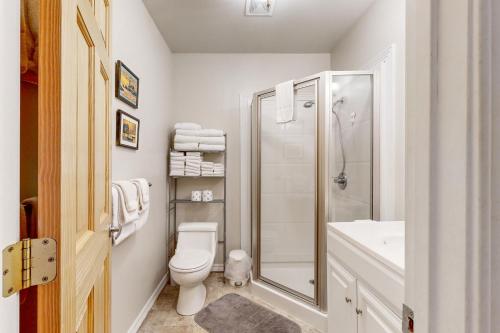 a bathroom with a toilet and a shower and a sink at Cliff Retreat in Rockaway Beach