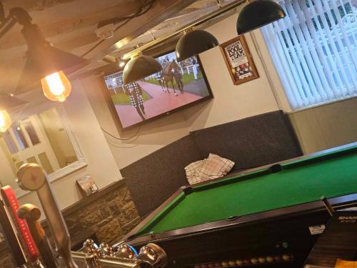 a living room with a pool table and a tv at The White Lion Inn in Brinklow