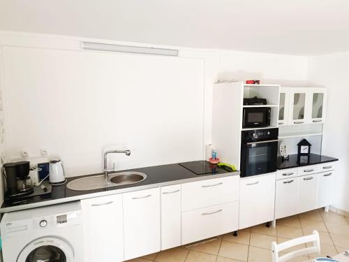 a white kitchen with a sink and a dishwasher at La belle Martinique in Sainte-Luce
