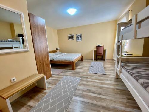 Zimmer mit einem Bett und Etagenbetten. in der Unterkunft Pansion Čarolija Vlašić in Šišava