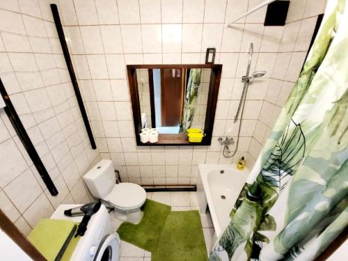a bathroom with a toilet and a sink and a mirror at Новая квартира in Uzhhorod